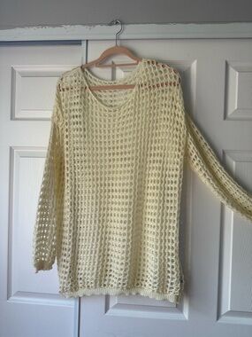 Light Cream Open-Weave Scoop Neck Women's Sweater